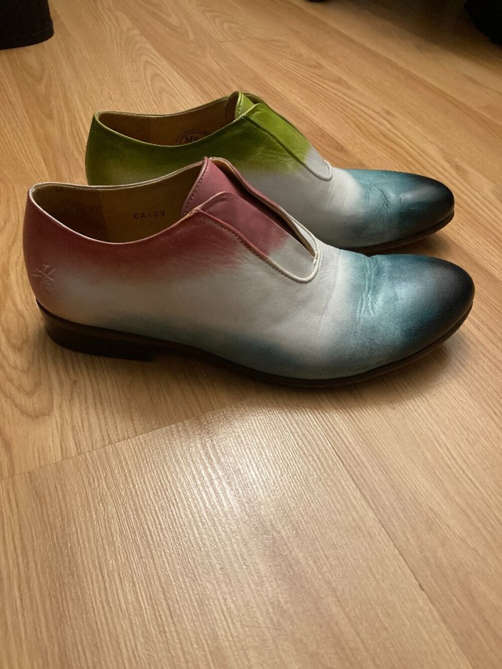 Fluevog Kingsley in Pink / White / Green Watercolour Colourway M 8.5 / W 10.5